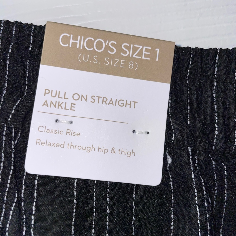 NWT Chico’s Size 1 US Size 8 Pull on Straight Ankle Black & White Stripe Pants - Picture 3 of 6